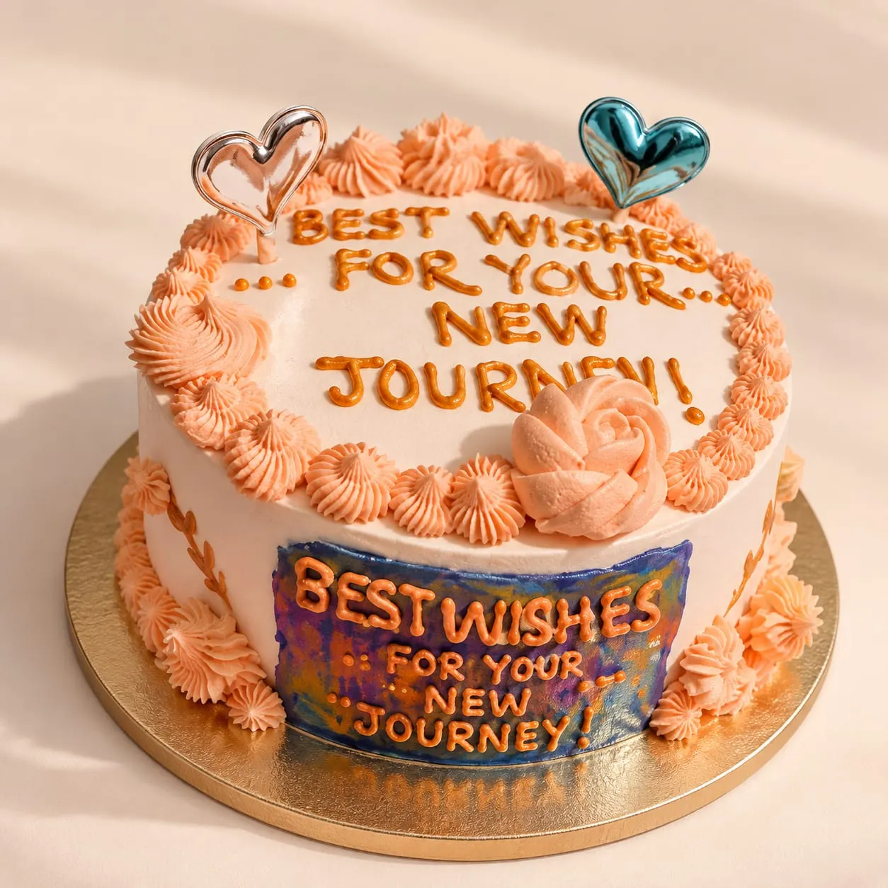 Peach cream cake with Best Wishes for Your New Journey piped on top and on a side panel, with heart toppers