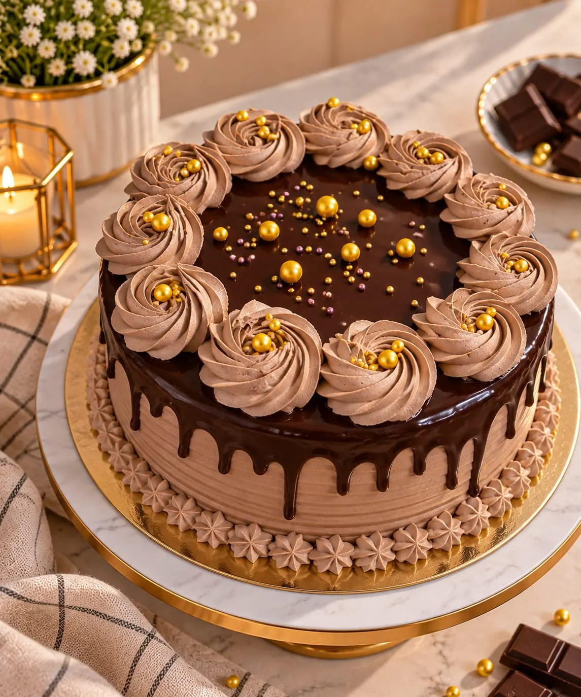 Chocolate cake with chocolate rosettes and gold pearls