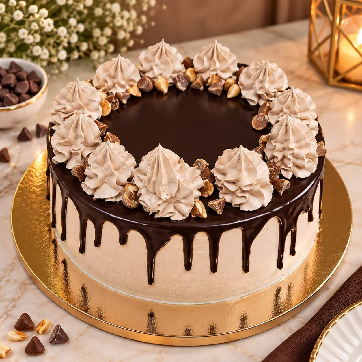 White cream cake with a dark chocolate drip and cream kisses with chopped hazelnuts on top