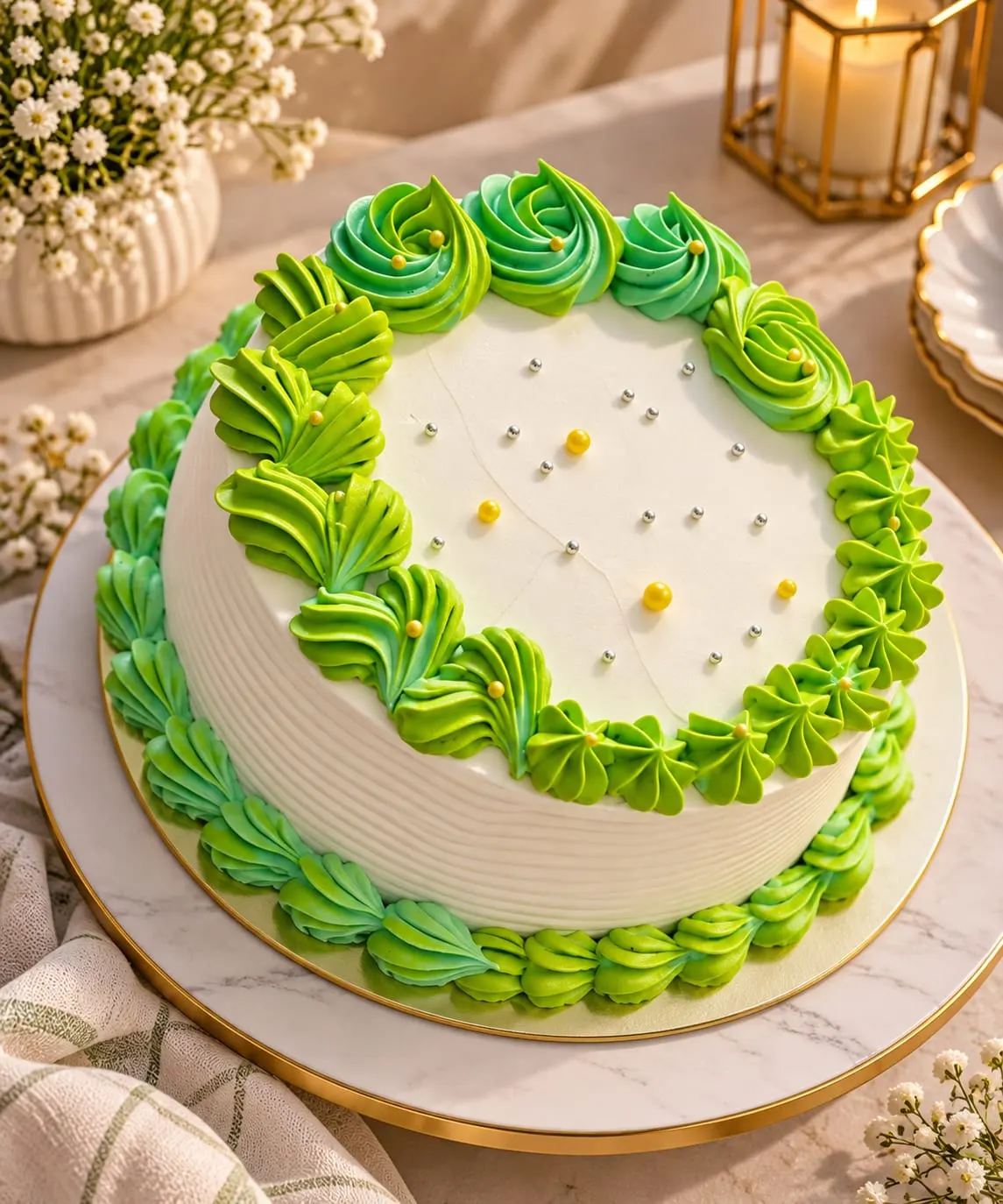 White cake with a ring of lime and mint green rosettes and gold pearls scattered on top