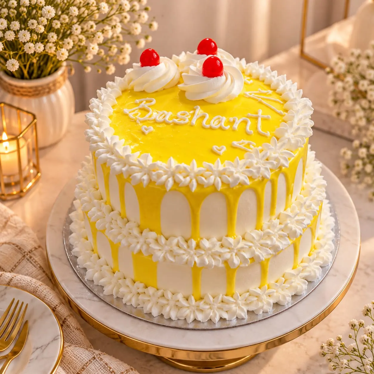 Two-tier pineapple cake with yellow and white stripes, white star borders, cream swirls and cherries on top
