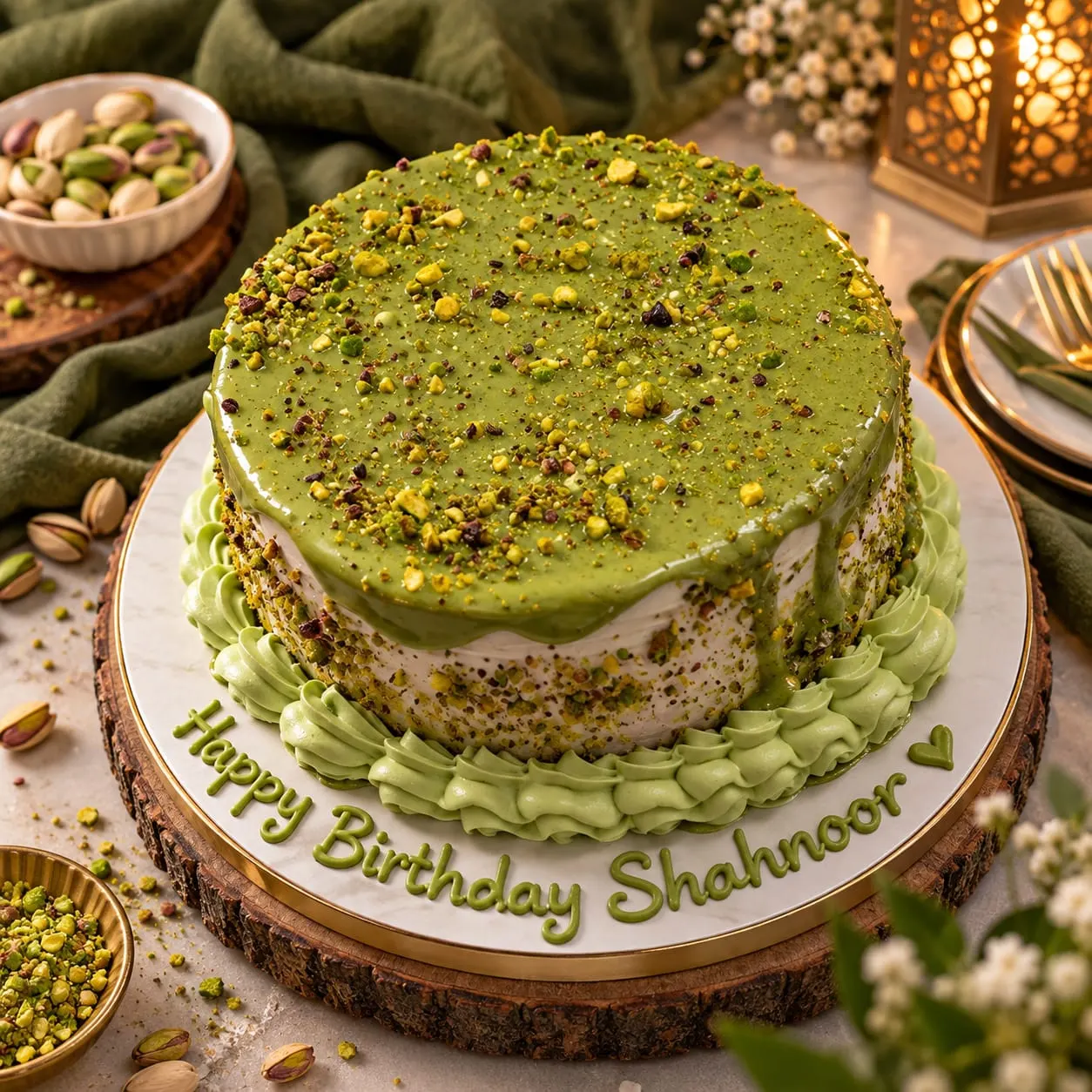 Pistachio cake with a green pistachio glaze, crushed pistachios and a birthday message piped on the board